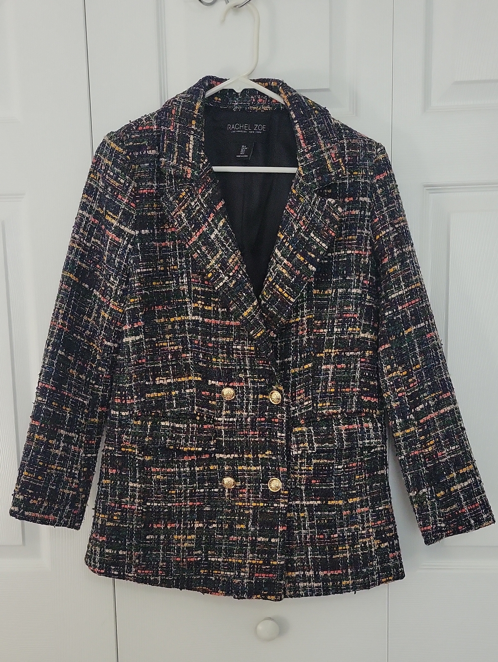 Rachel Zoe Black Tweed Multicolor Double-Breasted Blazer